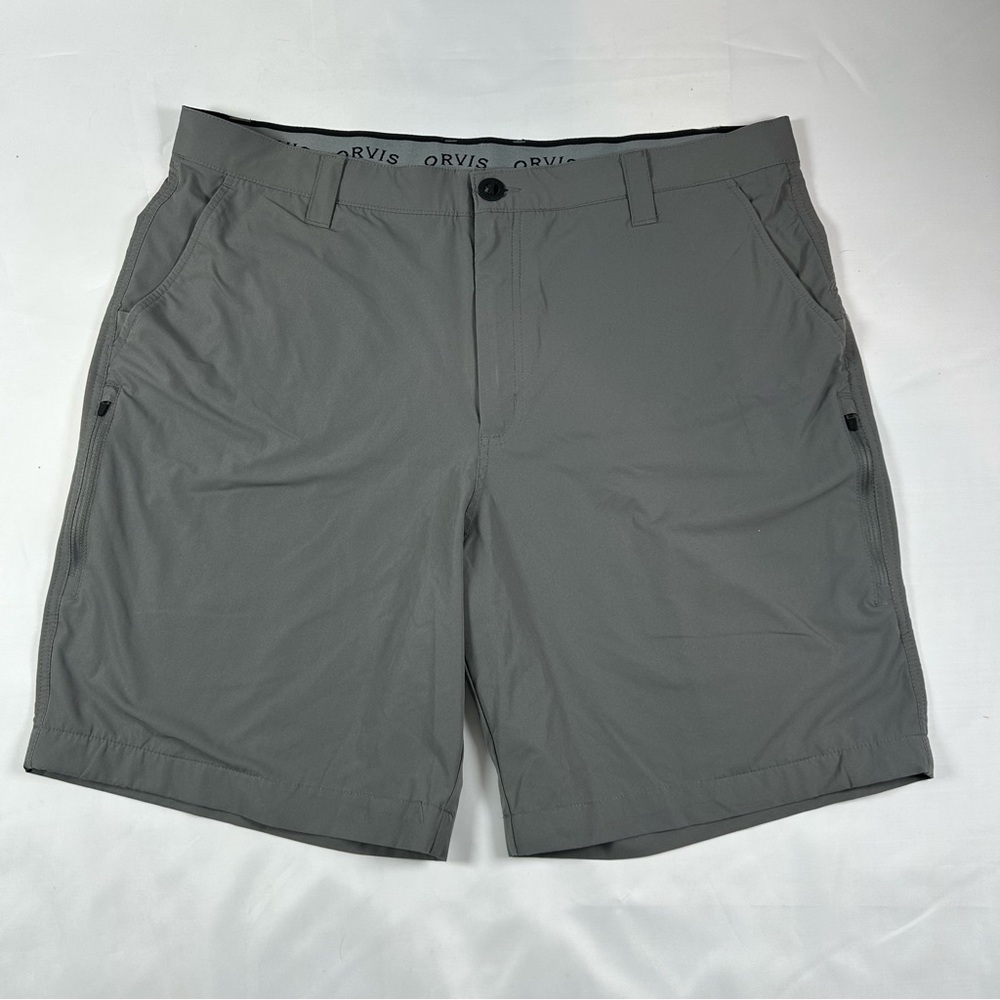 Orvis Mens Tech Cargo Shorts Flat Front Comfort Waist Belt Lightweight Gray 38